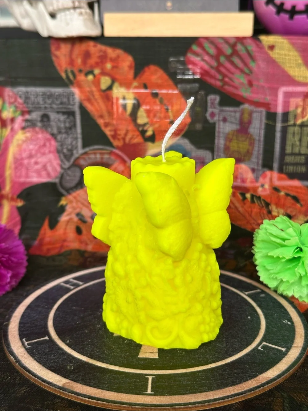 Handmade Neon Yellow Butterfly Candle – Floral Garden Pillar